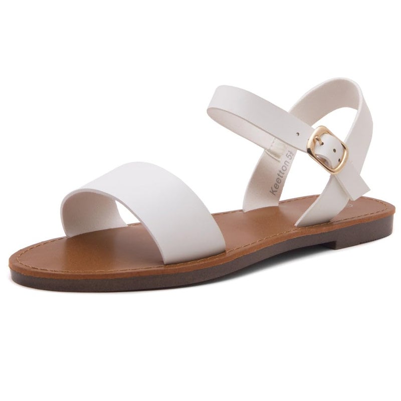 Herstyle Keetton Women's Flat Sandals Open Toe Ladies Dressy Sandals Black White Cognac Flat Sandals Ankle Strap Comfy Casual Sandal for Summer, White, Size 11.0 - Image 1